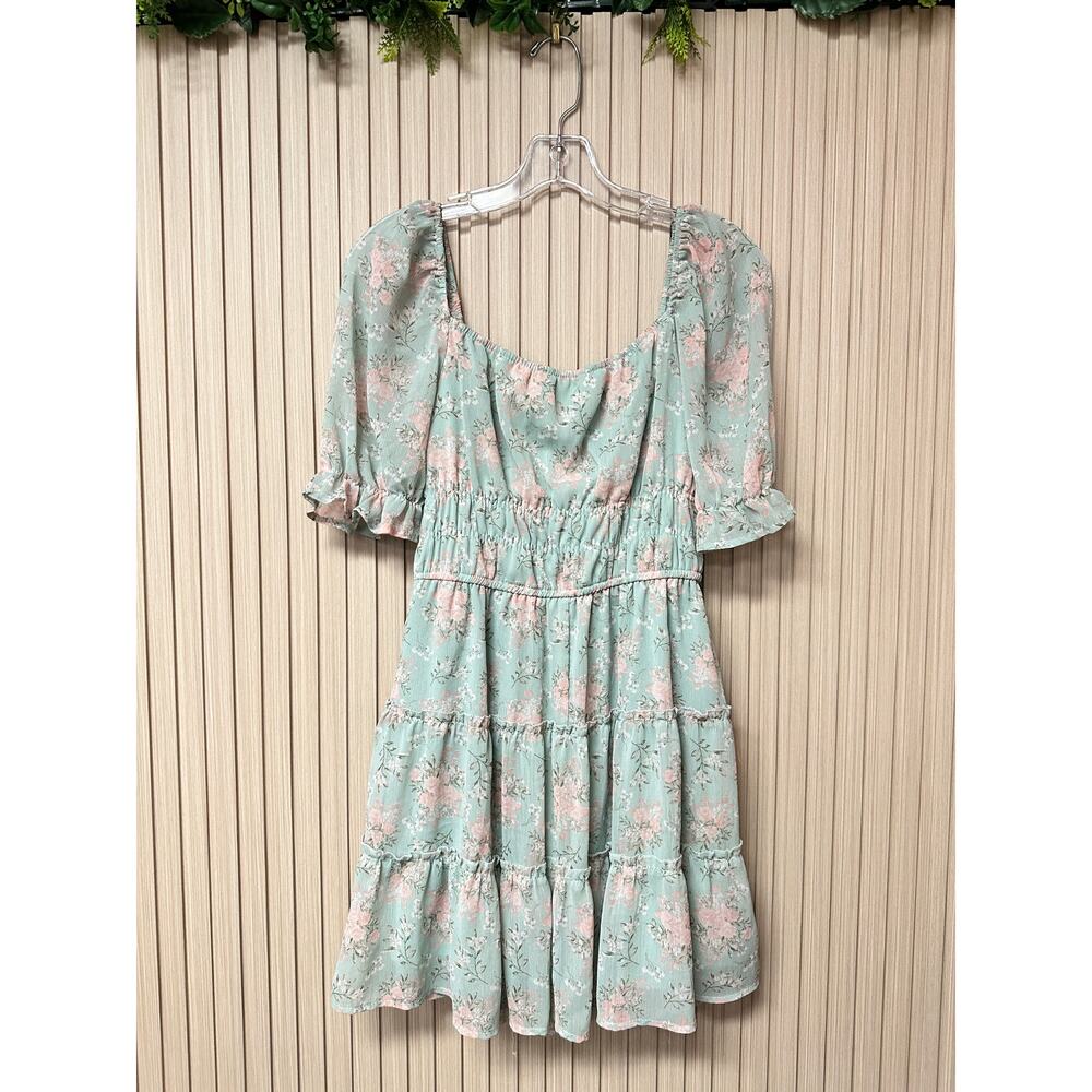 Row A Green Floral Mini Dress, Smocked Tiered Fit, Pouf Sleeve Women's Size S